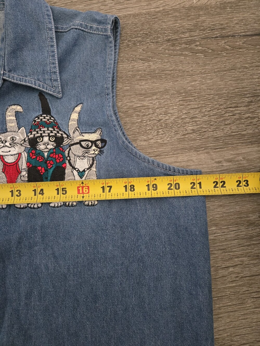 Vintage 90s Cat Lady Embroidered Denim Button Down Cotton Shirt Large Retro Art - Picture 8 of 8